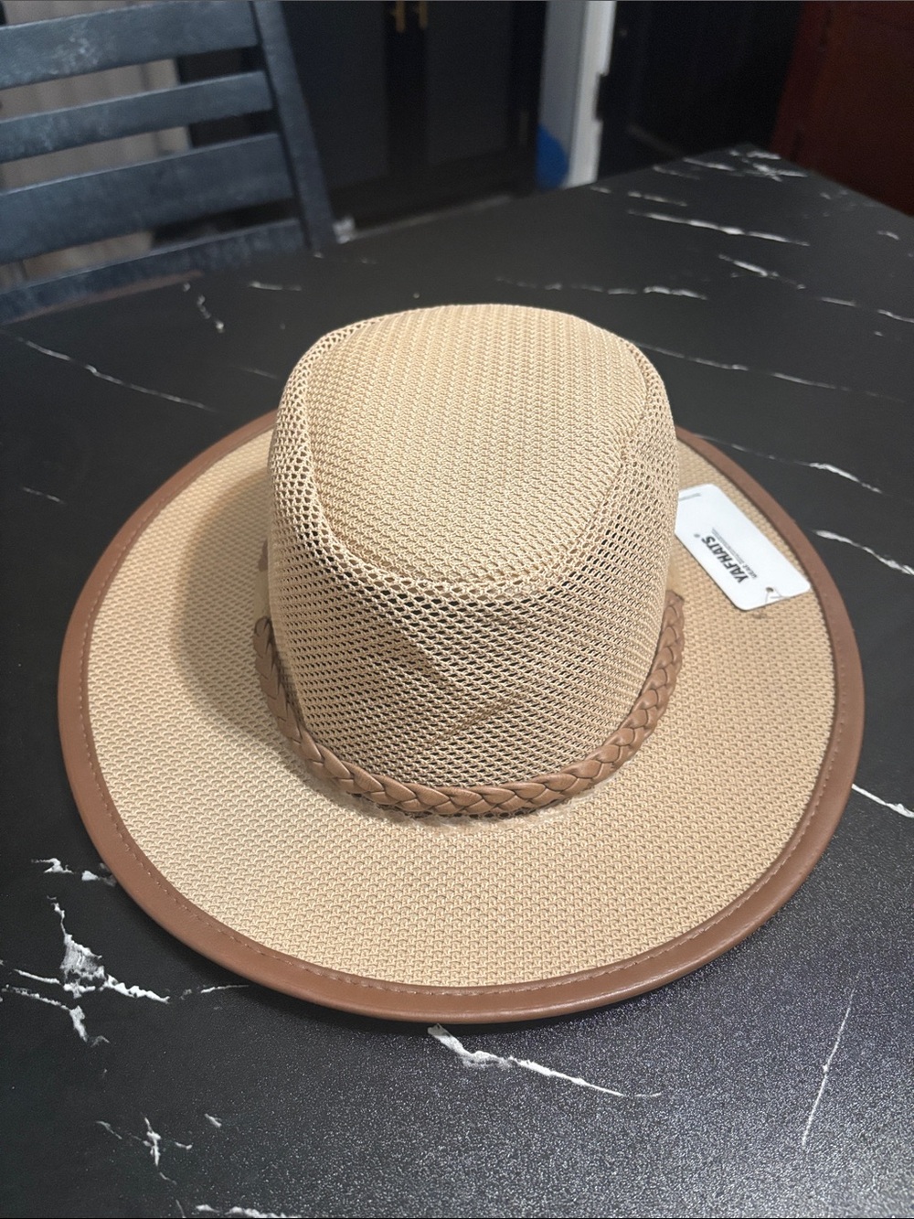 Men's Beige Straw Outback Hat with Braided and leather Band